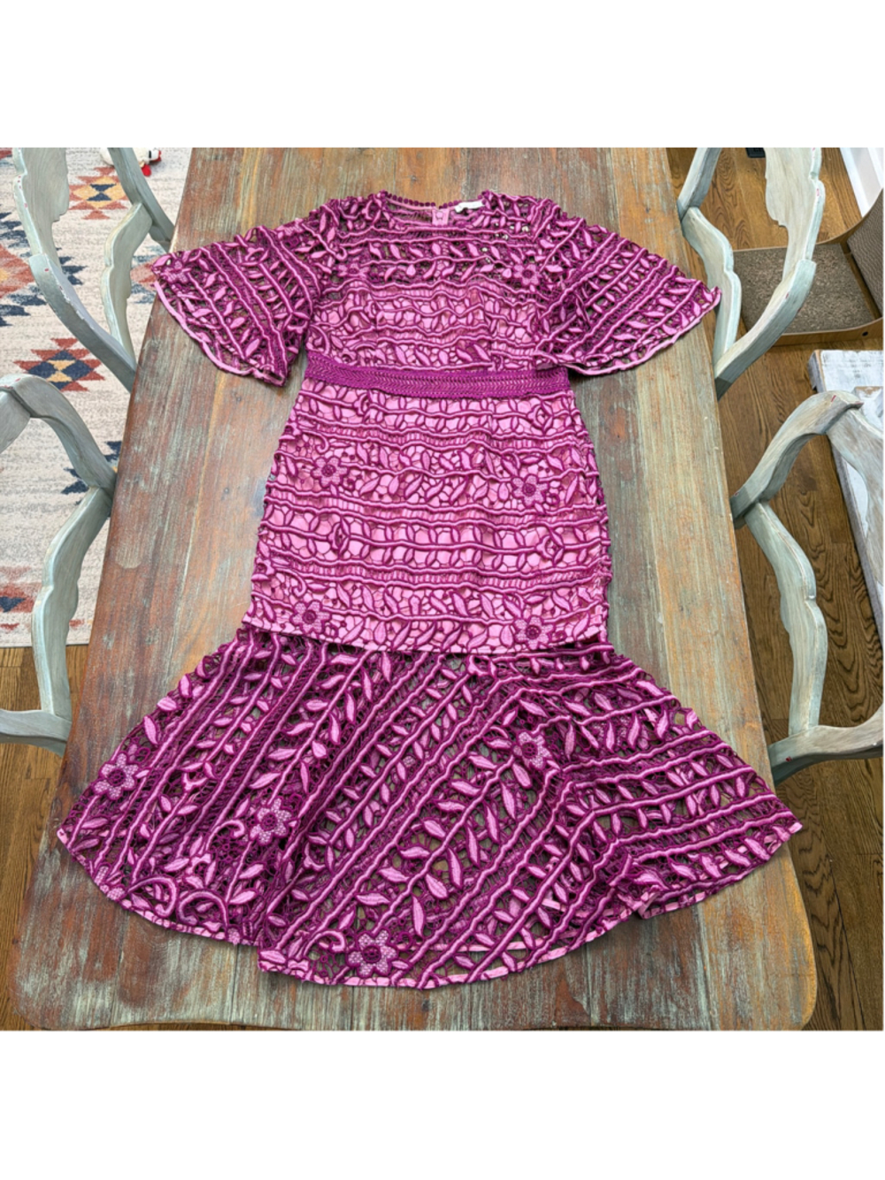 La Maison Talulah Fuchsia Pink Floral Guipure Lace Midi Dress Flutter Sleeve L